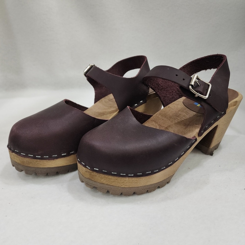 MIA Abba Clog Womens 37 Brown Leather Ankle Strap Block Heel Swedish Sandals